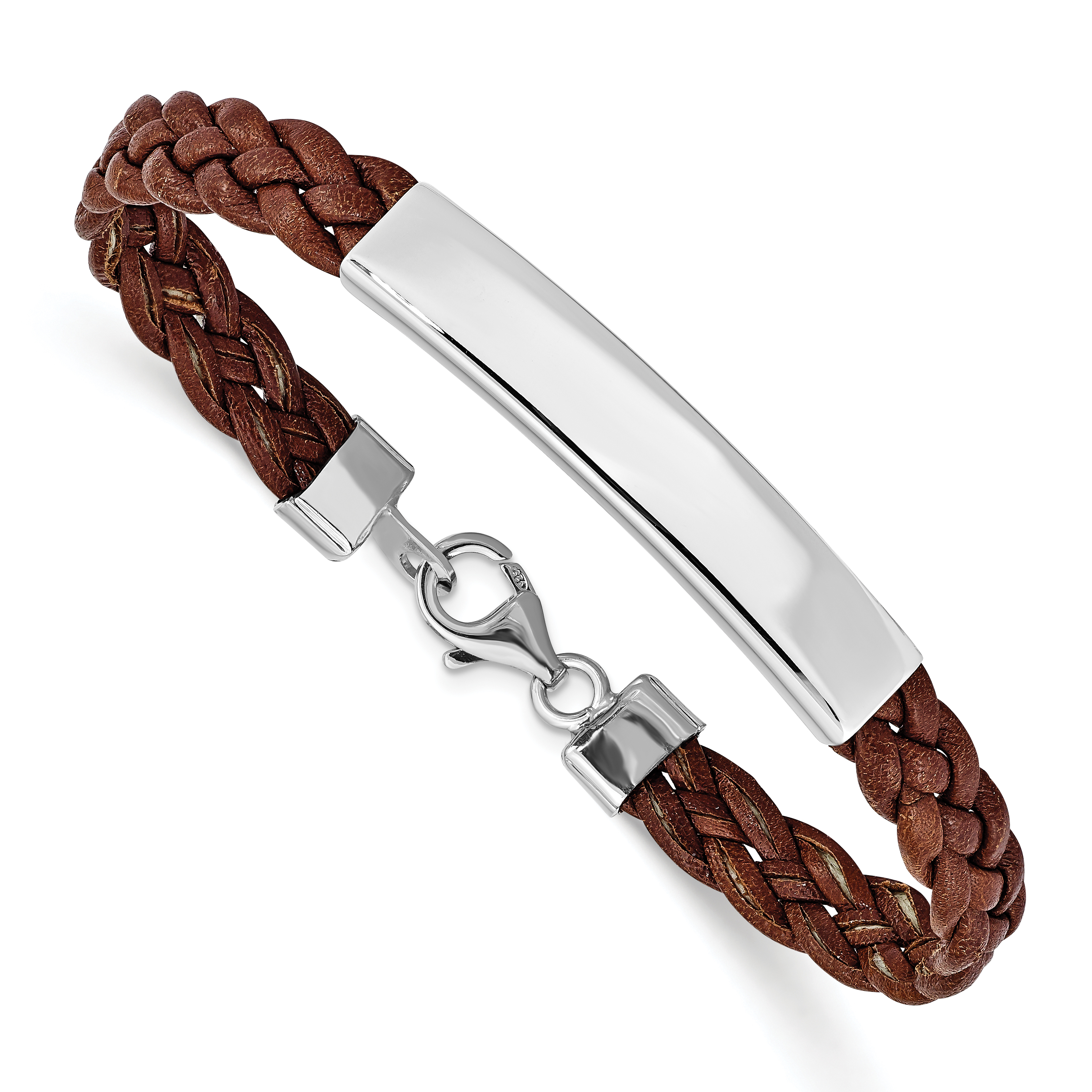 Sterling Silver Rhodium-plated Brown Braided Leather Bracelet (QG1087-7)
