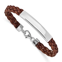Sterling Silver Rhodium-plated Engravable Polished 38x 6mm Plate Brown Braided Leather ID Bracelet, 7" view 1