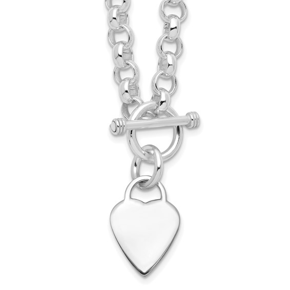 Sterling Silver RH-plated Heart Disc on Toggle Necklace