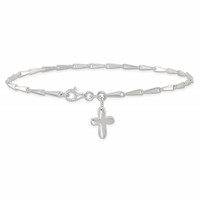 Sterling Silver Solid Polished Cross on Fancy Link Anklet - 9in view 4