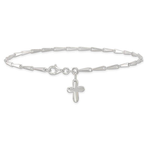Sterling Silver 9 in Solid Polished Cross on Fancy Link Anklet