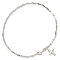 Sterling Silver Solid Polished Cross on Fancy Link Anklet - 9in view 5