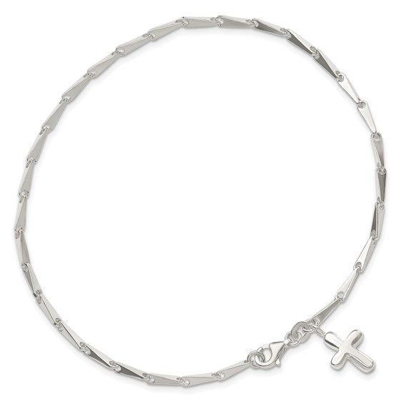 Sterling Silver 9 in Solid Polished Cross on Fancy Link Anklet