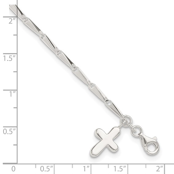 Sterling Silver 9 in Solid Polished Cross on Fancy Link Anklet