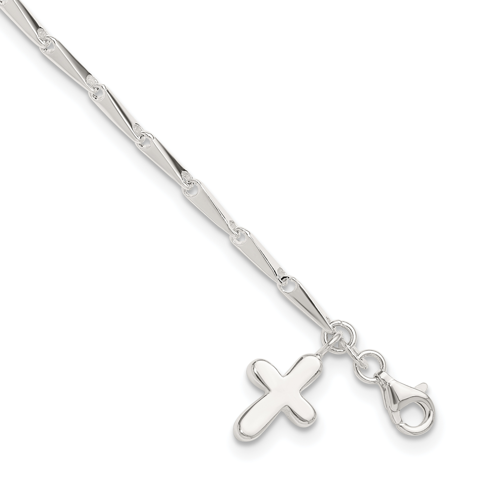 Sterling Silver 9 in Solid Polished Cross on Fancy Link Anklet (QG1188-9)