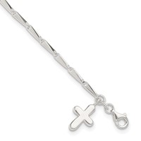 Sterling Silver Solid Polished Cross on Fancy Link Anklet - 9in view 1