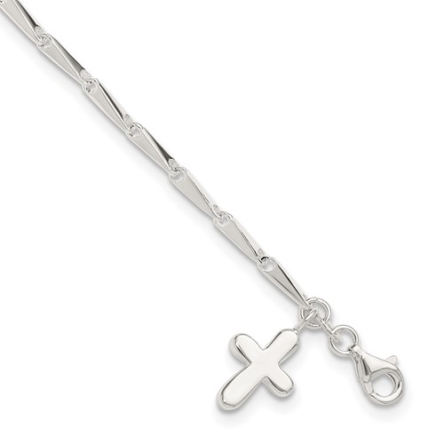 Sterling Silver Solid Polished Cross on Fancy Link Anklet, 9"