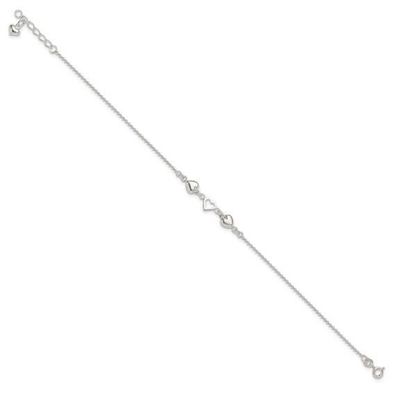 Sterling Silver Heart 9 inch Plus 1 inch Extender - Total 10 inch Anklet