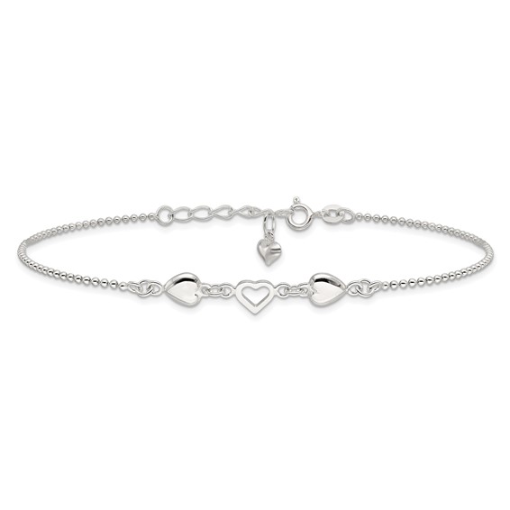 Sterling Silver Heart 9 inch Plus 1 inch Extender - Total 10 inch Anklet