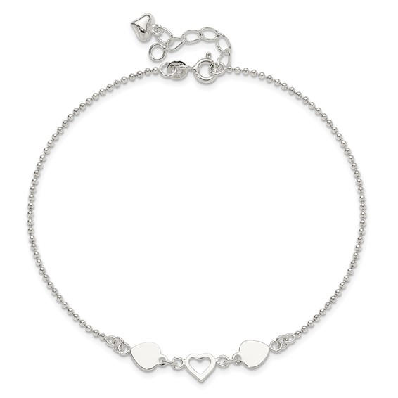 Sterling Silver Heart 9 inch Plus 1 inch Extender - Total 10 inch Anklet