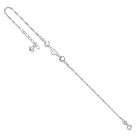 Sterling Silver Heart 9 inch Plus 1 inch Extender - Total 10 inch Anklet
