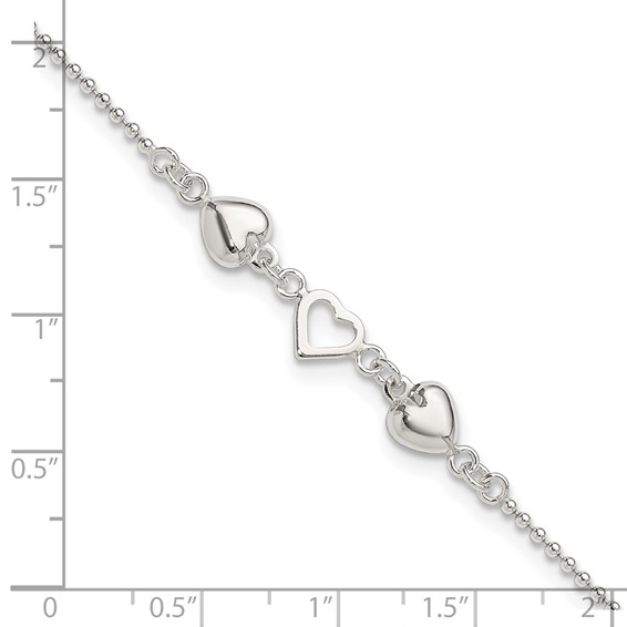 Sterling Silver Heart 9 inch Plus 1 inch Extender - Total 10 inch Anklet