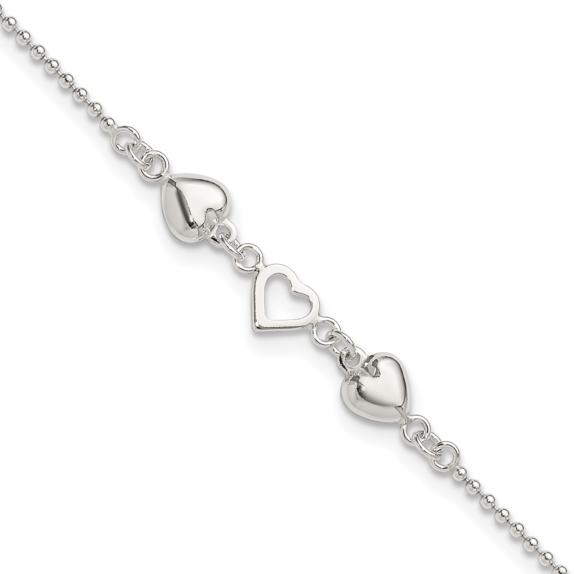 Sterling Silver 9inch Plus 1in Ext Polished Hearts Anklet (QG1193-10)