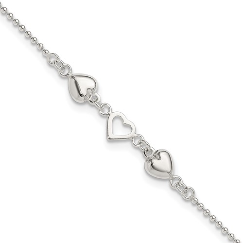 Sterling Silver Heart Plus 1 Inch Extender - Total 10 Inch Anklet, 9"