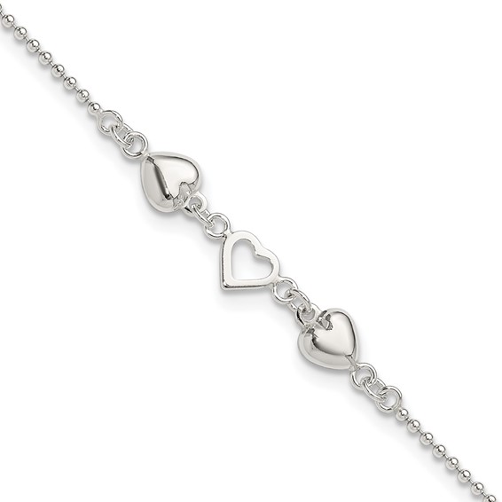 Sterling Silver Heart 9 inch Plus 1 inch Extender - Total 10 inch Anklet