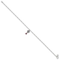 Sterling Silver Dark Pink Crystal Dangling Antiqued Heart Anklet, 10" view 2