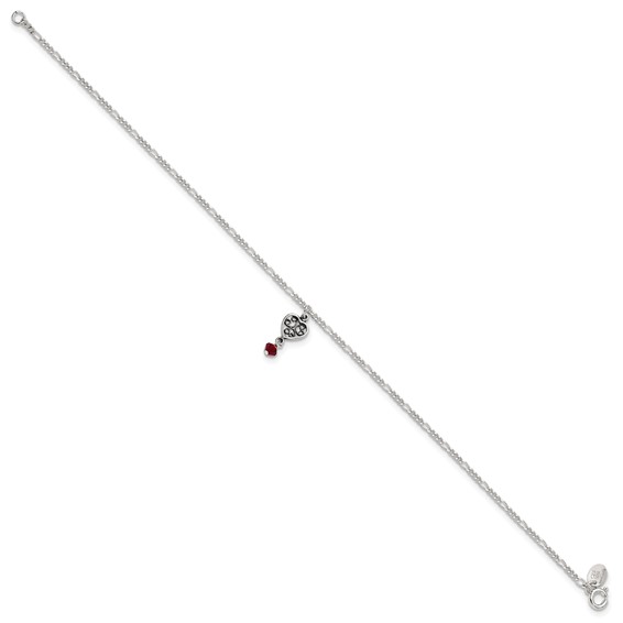 Sterling Silver Dark Pink Crystal Dangling Antiqued Heart 9 inch Anklet