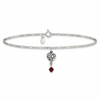 Sterling Silver Dark Pink Crystal Dangling Antiqued Heart Anklet, 10" view 3