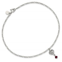 Sterling Silver Dark Pink Crystal Dangling Antiqued Heart Anklet, 10" view 4