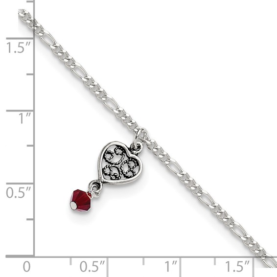 Sterling Silver Dark Pink Crystal Dangling Antiqued Heart 9 inch Anklet