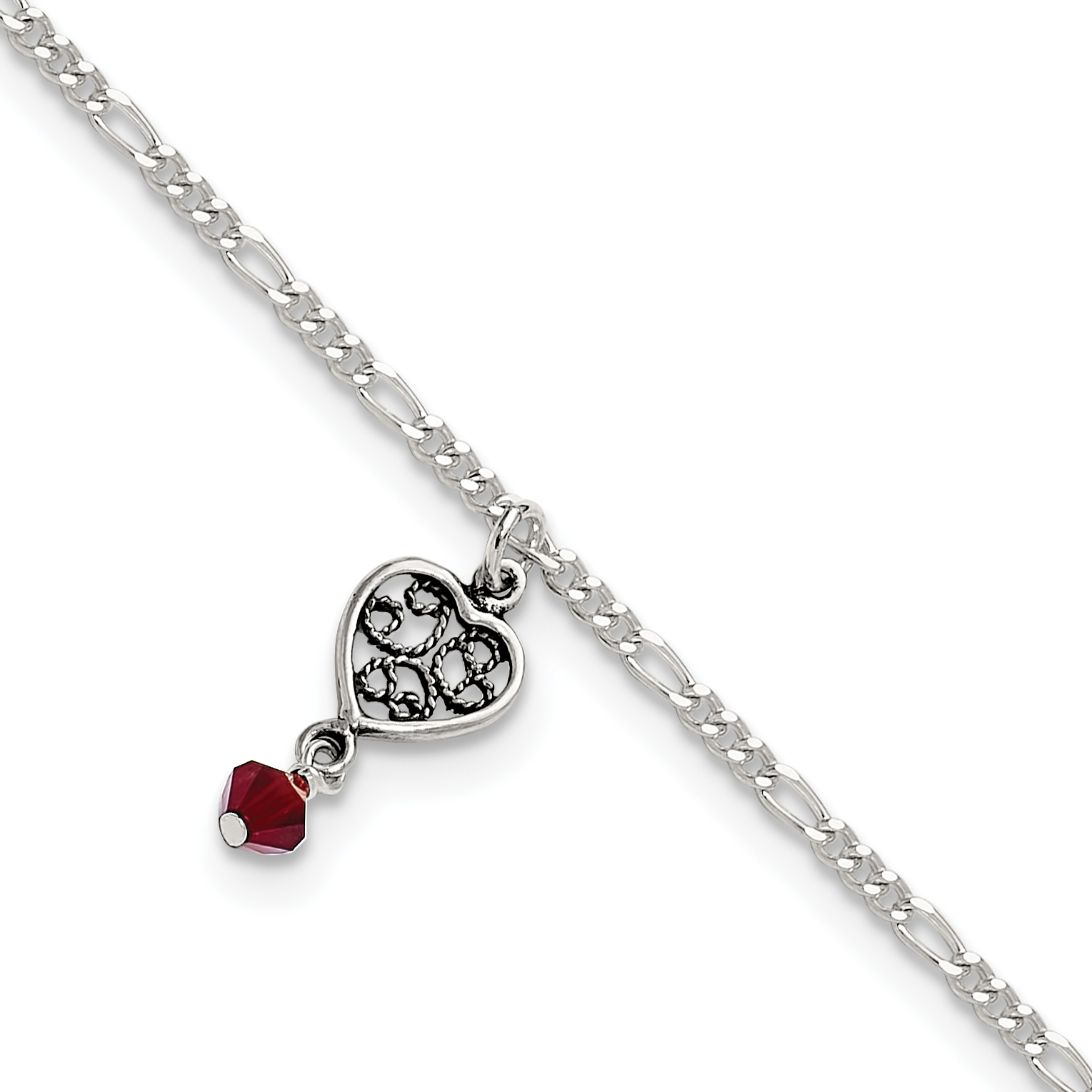 Sterling Silver Dark Pink Crystal Dangling Antiqued Heart 10 inch Anklet (QG1209-10)