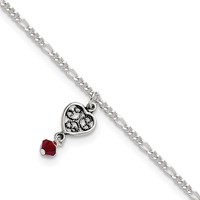 Sterling Silver Dark Pink Crystal Dangling Antiqued Heart Anklet, 10" view 1