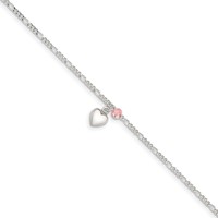 Sterling Silver Cherry Quartz Dangling Hearts on Figaro Link Anklet view 1