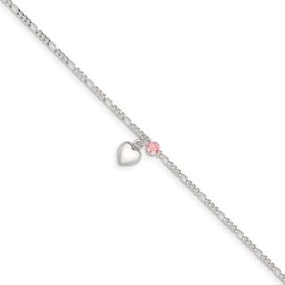 Sterling Silver Cherry Quartz Dangling Hearts on Figaro Link Anklet