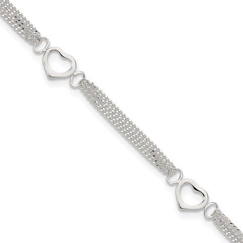 Sterling Silver Polished Heart Multi-Strand 9in Anklet