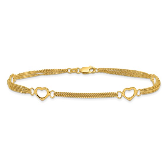 Sterling Silver Gold-tone Polished Heart Multi-Strand 10in Anklet