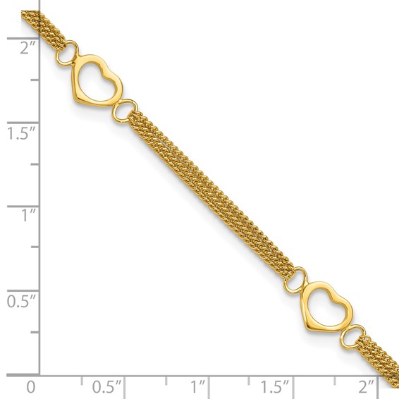 Sterling Silver Gold-tone Polished Heart Multi-Strand 10in Anklet