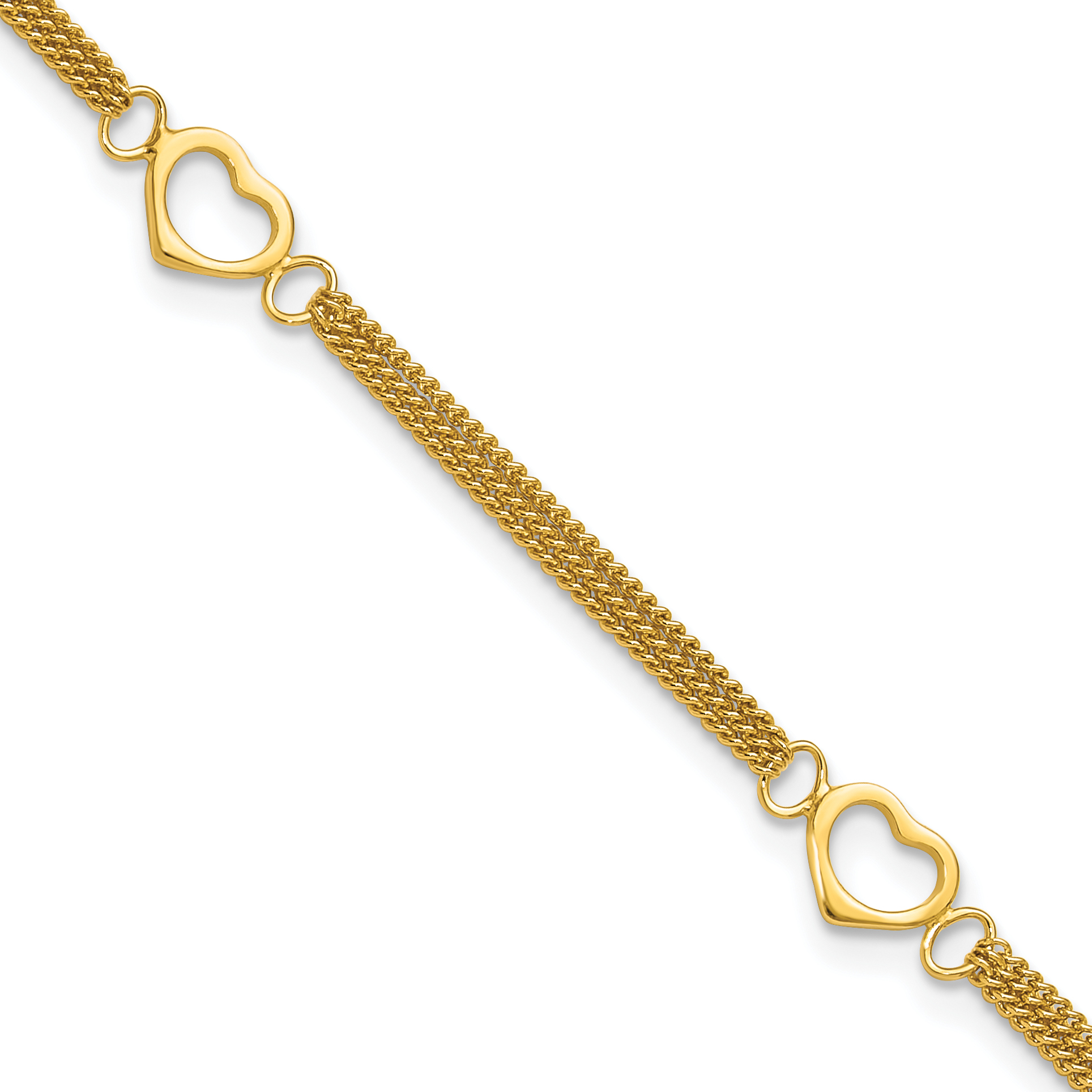 Sterling Silver Gold-tone Polished Heart Multi-Strand 10in Anklet (QG1222GP-10)
