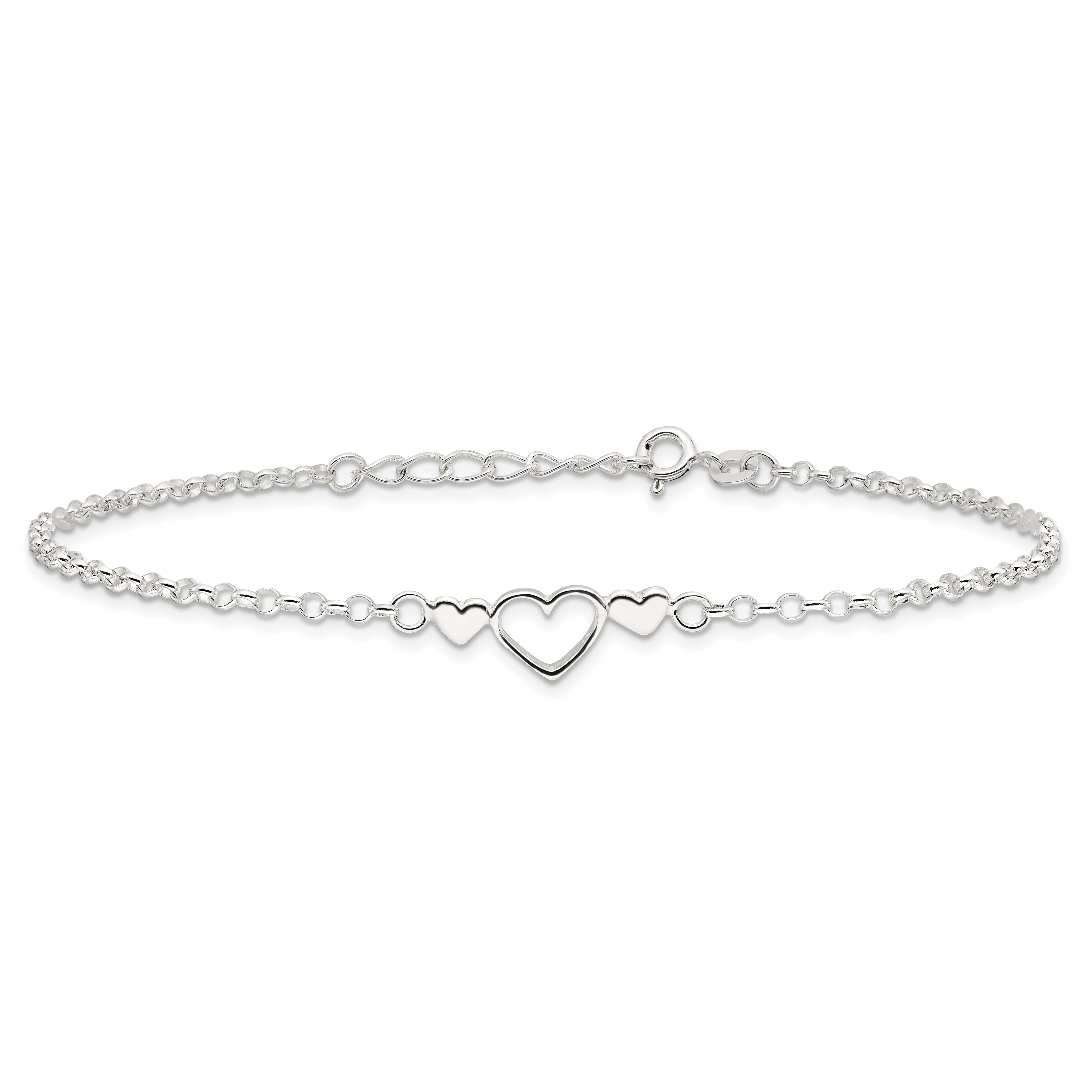 Silver Three Hearts 9 inch Plus 1 inch Extender - Total 10 inch Anklet ...