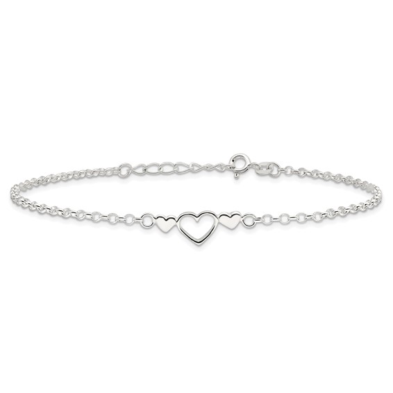 Sterling Silver Three Hearts  9 inch Plus 1 inch Extender - Total 10 inch Anklet