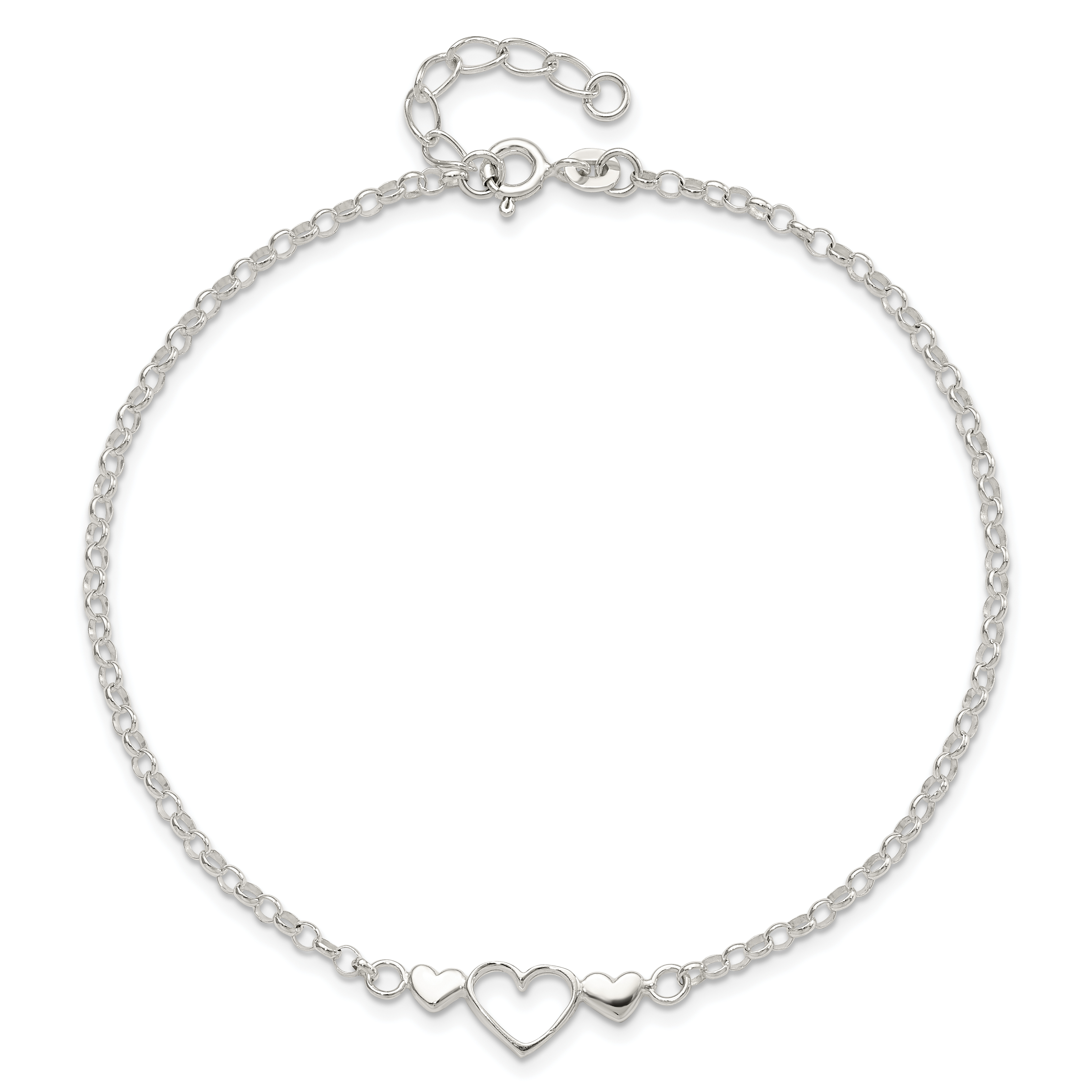 Silver Three Hearts 9 inch Plus 1 inch Extender - Total 10 inch Anklet ...