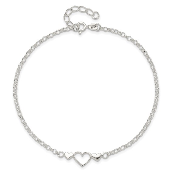 Sterling Silver Three Hearts  9 inch Plus 1 inch Extender - Total 10 inch Anklet