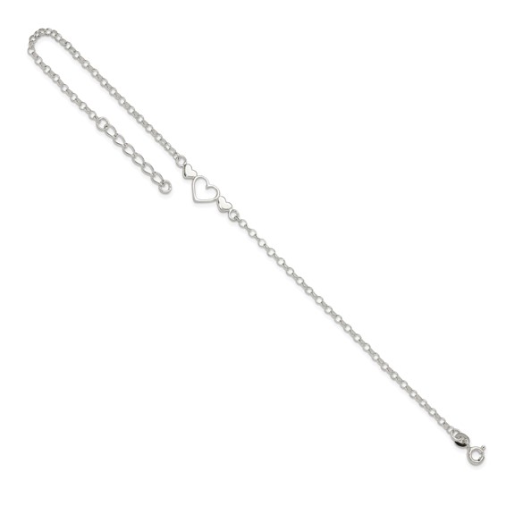 Sterling Silver Three Hearts  9 inch Plus 1 inch Extender - Total 10 inch Anklet