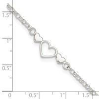 Sterling Silver Three Hearts Plus 1 Inch Extender - Total 10 Inch Anklet, 9" view 4