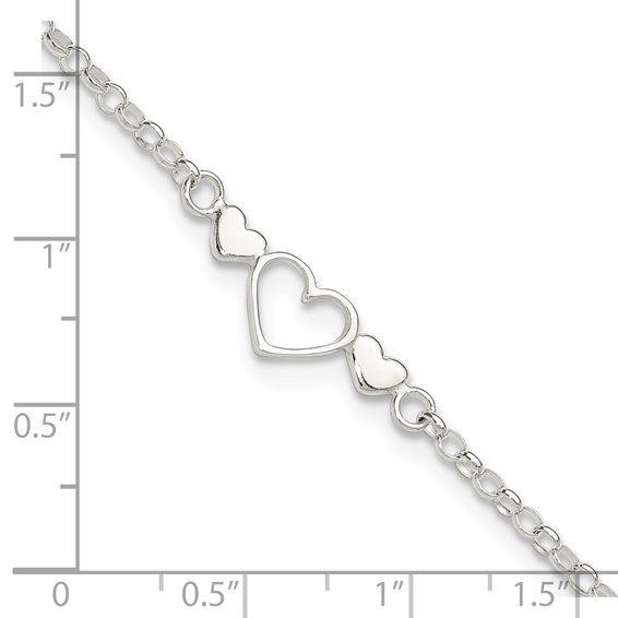 Sterling Silver Three Hearts  9 inch Plus 1 inch Extender - Total 10 inch Anklet