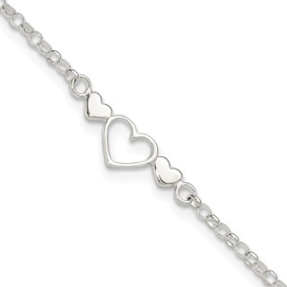 Sterling Silver Three Hearts  9 inch Plus 1 inch Extender - Total 10 inch Anklet