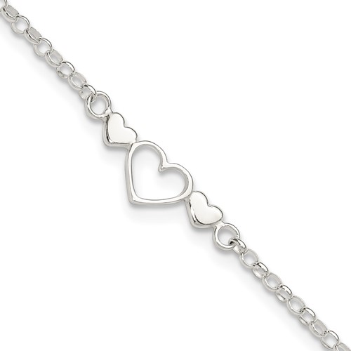 Sterling Silver Three Hearts Plus 1 Inch Extender - Total 10 Inch Anklet, 9"