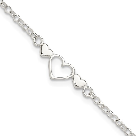 Sterling Silver Three Hearts  9 inch Plus 1 inch Extender - Total 10 inch Anklet