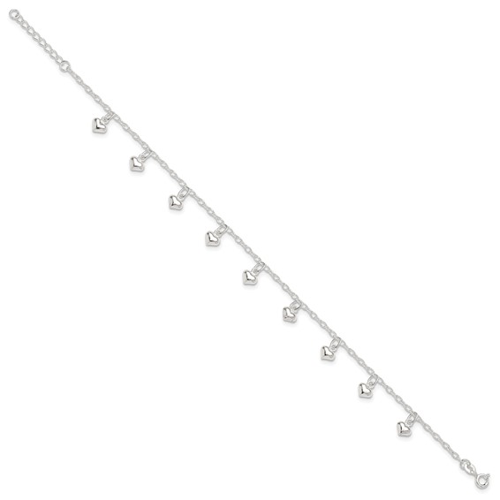 Sterling Silver Puffed Heart Charms 9 inch Plus 1 inch Extender - Total 10 inch Anklet