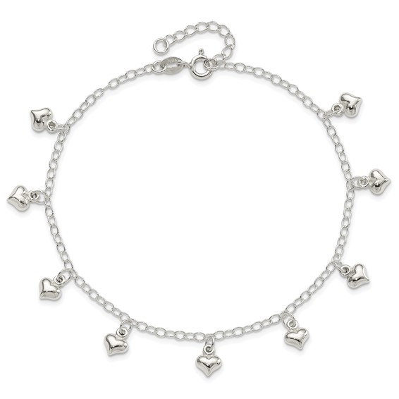 Sterling Silver Puffed Heart Charms 9 inch Plus 1 inch Extender - Total 10 inch Anklet