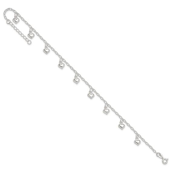 Sterling Silver Puffed Heart Charms 9 inch Plus 1 inch Extender - Total 10 inch Anklet