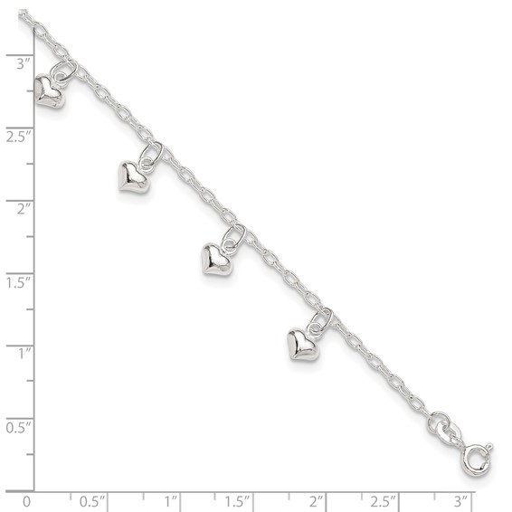 Sterling Silver Puffed Heart Charms 9 inch Plus 1 inch Extender - Total 10 inch Anklet