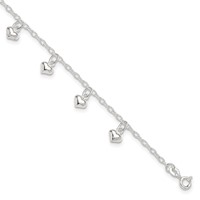 Sterling Silver Puffed Heart Charms Plus 1 Inch Extender - Total 10 Inch Anklet, 9" view 1