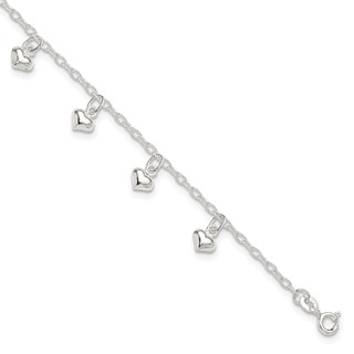 Sterling Silver Puffed Heart Charms 9 inch Plus 1 inch Extender - Total 10 inch Anklet