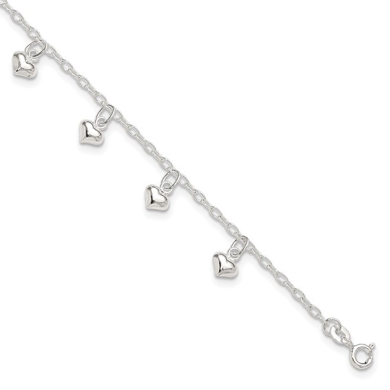 Sterling Silver Puffed Heart Charms 9 inch Plus 1 inch Extender - Total 10 inch Anklet