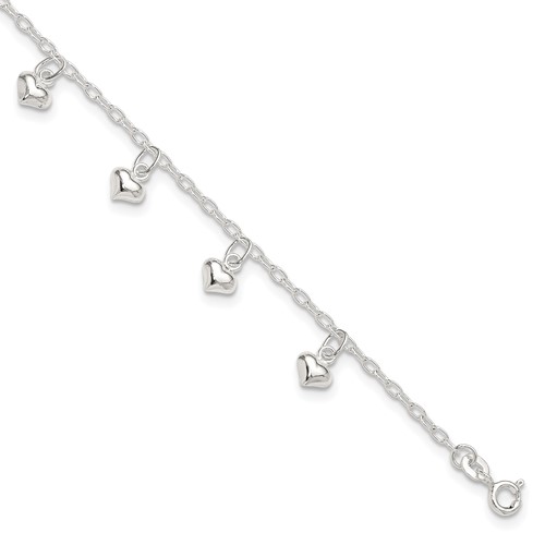 Sterling Silver Puffed Heart Charms Plus 1 Inch Extender - Total 10 Inch Anklet, 9"